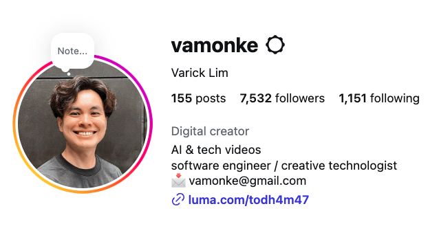@vamonke — 7,532 followers, 155 posts. AI & tech videos, software engineer / creative technologist.